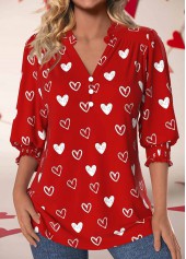 ROTITA Smocked Valentine's Day Print Red Split Neck Blouse