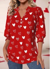 Red tops,Valentine's Day tops,Heart tops,ROTITA Smocked Valentine's Day Print Red Split Neck Blouse