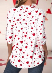 White tops,Red tops,Valentine's Day tops,Heart tops,ROTITA Button Valentine's Day Print White Split Neck Blouse