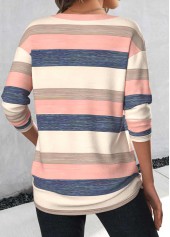 Light Pink tops,Multi Color tops,Striped tops,Geometric tops,ROTITA Button Striped Light Pink V Neck T Shirt