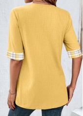 Yellow tops,Plaid tops,Striped tops,Geometric tops,ROTITA Fake 2in1 Plaid Yellow Scoop Neck T Shirt