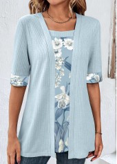 Light Blue tops,Floral tops,Plants tops,ROTITA Floral Print Light Blue Fake Two Piece Twinset