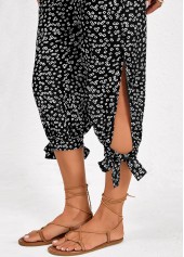 Black bottoms,Ditsy Floral bottoms,Split Ditsy Floral Print Black Jogger Elastic Waist Pants