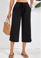 Black bottoms,Plain Color bottoms,Pocket Black Elastic Waist High Waisted Pants