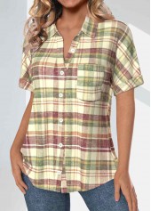 Multi Color tops,Plaid tops,Striped tops,Geometric tops,ROTITA Pocket Plaid Multi Color Shirt Collar Short Sleeve Blouse