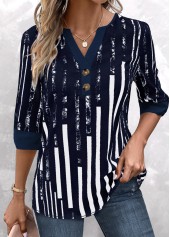 Navy tops,Striped tops,Geometric tops,ROTITA Patchwork Striped Navy Split Neck 3/4 Sleeve Blouse