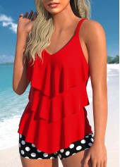 Red swimwear,Black swimwear,Dot swimwear,ROTITA Handkerchief Hem Red Polka Dot Tankini Set
