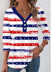 ROTITA Button Striped Navy V Neck 3/4 Sleeve T Shirt