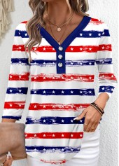 Navy tops,Striped tops,Geometric tops,ROTITA Button Striped Navy V Neck 3/4 Sleeve T Shirt