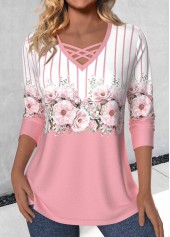 ROTITA Criss Cross Floral Print Pink V Neck T Shirt