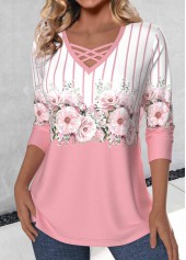 Pink tops,White tops,Floral tops,Plants tops,Striped tops,ROTITA Criss Cross Floral Print Pink V Neck T Shirt