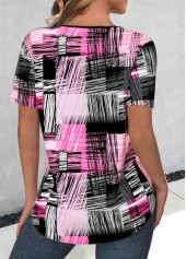 Hot Pink tops,Black tops,Geometric tops,Striped tops,ROTITA Lace Up Geometric Print Hot Pink T Shirt
