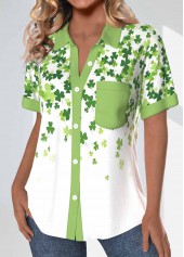 Avocado Green tops,White tops,Saint Patrick tops,ROTITA Patchwork Saint Patrick's Day Print Avocado Green Blouse
