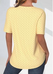 Light Yellow tops,Plain Color tops,ROTITA Jacquard Light Yellow Round Neck Short Sleeve T Shirt