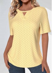 Light Yellow tops,Plain Color tops,ROTITA Jacquard Light Yellow Round Neck Short Sleeve T Shirt