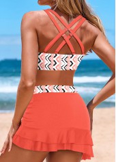 Coral swimwear,Geometric swimwear,Striped swimwear,Chevron swimwear,ROTITA Ruched Coral Geometric Print Bikini Set