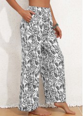 White bottoms,Black bottoms,Plants bottoms,Pocket Leaf Print White Elastic Waist High Waisted Pants