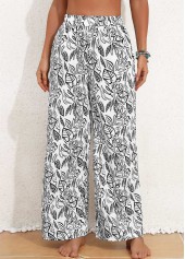 White bottoms,Black bottoms,Plants bottoms,Pocket Leaf Print White Elastic Waist High Waisted Pants