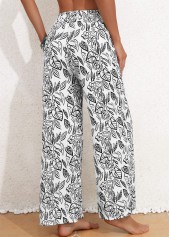 White bottoms,Black bottoms,Plants bottoms,Pocket Leaf Print White Elastic Waist High Waisted Pants
