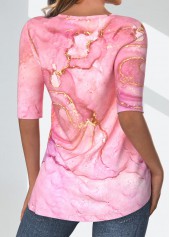 Pink tops,Marble tops,ROTITA Split Marble Print Pink Round Neck T Shirt