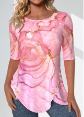ROTITA Split Marble Print Pink Round Neck T Shirt