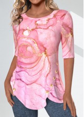 Pink tops,Marble tops,ROTITA Split Marble Print Pink Round Neck T Shirt