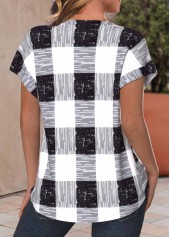 Black tops,White tops,Plaid tops,Striped tops,Geometric tops,ROTITA Button Plaid Black V Neck Short Sleeve Blouse
