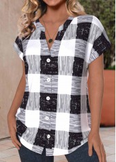 Black tops,White tops,Plaid tops,Striped tops,Geometric tops,ROTITA Button Plaid Black V Neck Short Sleeve Blouse