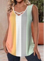 Multi Color tops,Rainbow Color tops,Contrast Color tops,ROTITA Criss Cross Multi Color V Neck Tank Top