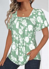 Sage Green tops,White tops,Floral tops,Plants tops,ROTITA Tuck Stitch Floral Print Sage Green T Shirt