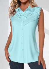 Light Blue tops,Plain Color tops,ROTITA Tuck Stitch Light Blue Shirt Collar Sleeveless Tank Top