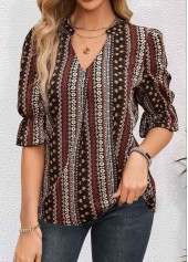 Multi Color tops,Tribal tops,ROTITA Ruched Tribal Print Multi Color Split Neck Blouse