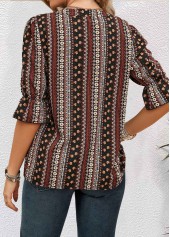 Multi Color tops,Tribal tops,ROTITA Ruched Tribal Print Multi Color Split Neck Blouse