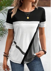 t-shirt col rond noir à imprimé géométrique patchwork rotita