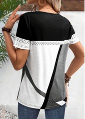 Black tops,White tops,Geometric tops,Striped tops,ROTITA Patchwork Geometric Print Black Round Neck T Shirt