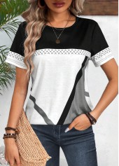 Black tops,White tops,Geometric tops,Striped tops,ROTITA Patchwork Geometric Print Black Round Neck T Shirt