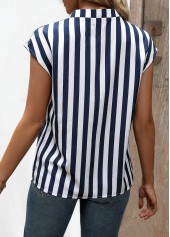 Navy tops,White tops,Striped tops,Geometric tops,ROTITA Split Striped Navy Short Sleeve Blouse