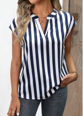 Navy tops,White tops,Striped tops,Geometric tops,ROTITA Split Striped Navy Short Sleeve Blouse