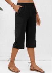 Black bottoms,Plain Color bottoms,Pocket Black Elastic Waist High Waisted Pants