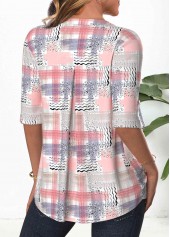 Light Pink tops,Geometric tops,Striped tops,ROTITA Button Geometric Print Light Pink Split Neck Blouse