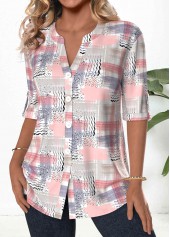 Light Pink tops,Geometric tops,Striped tops,ROTITA Button Geometric Print Light Pink Split Neck Blouse