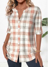 Orange tops,Grey tops,Plaid tops,Geometric tops,ROTITA Button Plaid Orange Split Neck 3/4 Sleeve Blouse