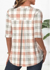 Orange tops,Grey tops,Plaid tops,Geometric tops,ROTITA Button Plaid Orange Split Neck 3/4 Sleeve Blouse