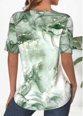 Light Green tops,Marble tops,ROTITA Tuck Stitch Marble Print Light Green T Shirt