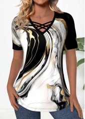 Rotita Criss Cross Marble Print T-shirt noir à col en V