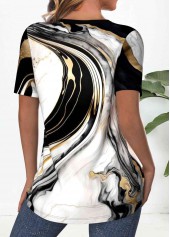 Black tops,White tops,Marble tops,ROTITA Criss Cross Marble Print Black V Neck T Shirt
