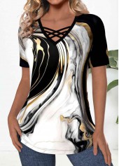 Black tops,White tops,Marble tops,ROTITA Criss Cross Marble Print Black V Neck T Shirt
