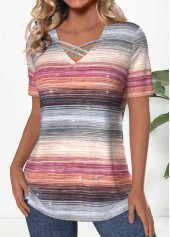 Multi Color tops,Striped tops,Geometric tops,ROTITA Criss Cross Striped Multi Color V Neck T Shirt