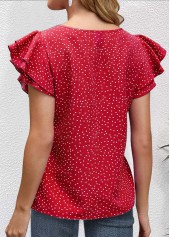 Red tops,Dot tops,ROTITA Cut Out Polka Dot Red Round Neck Blouse