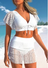 White swimwear,Plain Color swimwear,ROTITA Bowknot Patchwork Mesh White Bikini Set